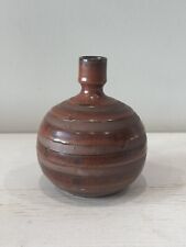 Unmarked Brown Bronze Bud Vase Round Pottery Glaze Rings Design 5x4 picture
