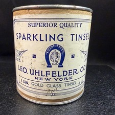 Antique Leo Uhlfelder Co NY Gold Glass Tinsel #40 Canister 1lb Vintage Decor picture