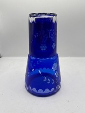 Vintage Cobalt Blue Etched Glass Decanter & Tumbler Set Floral Design picture