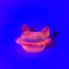 Mosser Marigold Carnival Mini Hen on Nest Salt Cellar UV Reactive Cadmium Glass picture