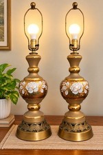 Vtg 1950's Hollywood Regency Gold Gilt Floral Hand Painted Table Lamp Brass Set picture