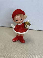 Vintage Japan Christmas Girl Figurine Red Hat Lantern Big Eyes Ceramic MCM picture