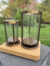 Williams Sonoma Antique Brass Finish & Light Smoke Tint Glass Hurricane~ 2 Pc picture