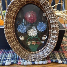 Vintage 1970s Shell Art Shadow Box Oval Wicker Frame Convex Glass Wall Decor 9x7 picture