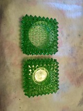 HTF PAIR of Vintage Green Hobnail Salt Cellar, 1940's Fenton Glass  holder picture