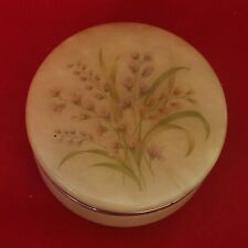 Vintage Genuine Alabaster Box Trinket Roundl Hand Carved Hinged Lid Flowers Made picture