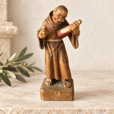 Vintage ANRI Hand Carved Wood Happy Monk Wine Bottle Figurine 3.75