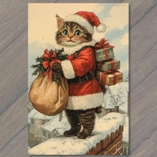 POSTCARD Cat Dressed Santa Sack Rooftop Holiday Christmas Presents Vintage Look picture
