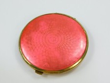 Vintage Hot Pink Guilloche Enamel Compact Mirror Brass Rimmed picture