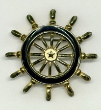 VTG Danecraft Ships Wheel Pin Brooch Navy Blue Enamel Nautical Sailor Boat picture