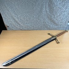 Vintage Wood & Brass Cross Handle 52 Inch Pakistan Steel Sword Leather Sheath picture