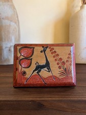 70’s Vtg Hand Painted Wooden Trinket Box Rectangle Deer Floral Tan Red Black picture
