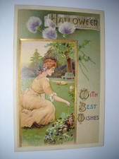 WITCH CONJURES SPELL ON HALLOWEEN antique unused EMBOSSED postcard CHROMO gold picture