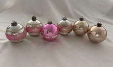Vintage pink Jumbo Ornaments Set of 6 Shiny Bright Round Stenciled & striped 3” picture
