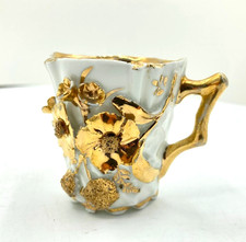 Rare Petite Tea Cup 3D Gold Gilt Flowers Rococo Porcelain European Antique 2