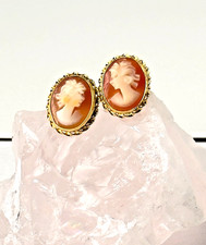 Vintage 14K Gold Italian Hand Carved Shell Cameo Earrings Signed ZZ Sardelli picture