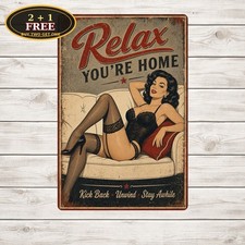 Sexy Pinup Girl Relaxing On Couch Vintage Lounge Art Metal Tin Sign Wall Decor picture