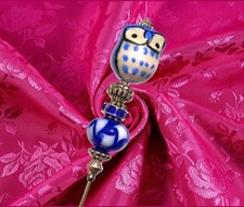 Handmade Ceramic Owl Hatpin: Light Blue Delft Bead, Rhinestone Accent. 8” Silver picture