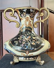 Chinese Satsuma-Style Porcelain Vase, Hand-Painted Birds & Flowers -Gilt Handles picture
