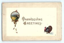 Thanksgiving Greetings Turkey and Porthole Country Scene with Leaves Postcard E4 picture