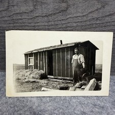 Vintage RPPC Sod Cabin Man Dog Hay Rustic Farm Building Rural Real Photo picture