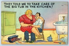 1947 Humor Plumber Fat Woman They Told Me To Take Care Of The Big Tub Postcard picture
