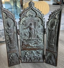 Religious Antique Bronze Triptych Resurrection Christ 13x10” -7lbs picture