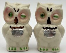 Vintage Shawnee Pottery Winking Owl Salt Pepper Shakers Green Eyes Foil Labels picture