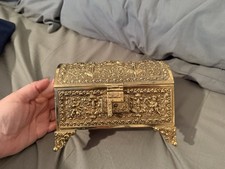 Gold Tone Ornate Embossed Metal Trinket Box Chest w/ Legs, Green Velvet, Latch picture