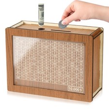 10K Savings Challenge Box Wooden Money Bank Cash Vault Adults Kids picture