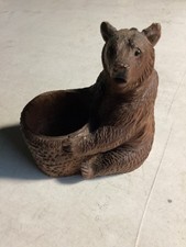 VINTAGE FIGURAL BEAR BLACK FOREST CARVED WOOD MATCH HOLDER Signed 4” in EUC picture