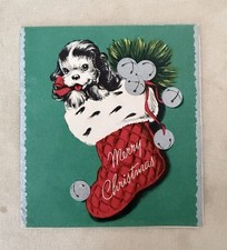 1940’s Merry Christmas Puppy Dog In Stocking Greeting Card  picture