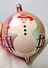 VTG Glass Mica SNOWMAN w BROOM Pictured Jumbo DROP Christmas Ornament Poland picture
