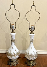 2 Vtg Milk Glass Ornate Brass Table Lamp Hollywood Regency Gold Floral Set Pair picture