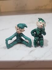 Vintage Mid Century GILNER CA Green seating Pixie Elf Ceramic Set of 2 Figurines picture