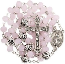 8mm Pink Jade Crystal Beads Rosary Necklace with 10mm Alloy Mystery Beads picture