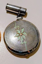 Vintage Silver Tone Round Compact Green Enamel Flower Floral Mirror 1930-1949 picture