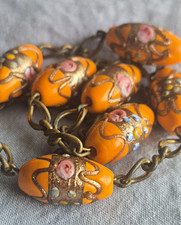 7 Vintage Venetian Fiorato Wedding Cake Glass Beads Orange 18mm Lampwork picture