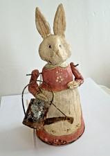 Vintage Poliwoggs Folk Art Jointed Bunny Pink Dress Watering Can Figurine 6