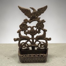 Vintage Ornate Cast Iron Wall Mount Match Or Letter Holder With Eagle picture