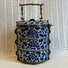 Vintage Brass & Blue White Porcelain Stacking Tiffin Carrier 3 Tier Jubako Box  picture