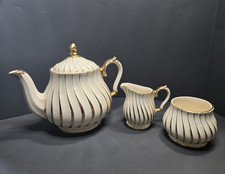 James Sadler White Ivory & Gold Swirl Striped Tea Set Teapot Creamer & Sugar picture