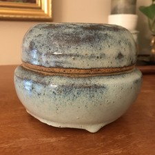 Studio Art Pottery Drip Glazed Trinket Jar Dish W/ Lid Light Blue Brown Signed picture