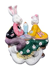 Fitz And Floyd 1994 Sock Hoppers Candy Dish Malt Shop Easter Bunny Rabbits picture