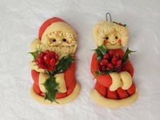 Vintage Polymer Clay Baked Salt Dough Pancake Santa Mrs. Claus Ornament Handmade picture