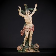 Saint Sebastian Wooden Statue | 1600s Antique St Martyr Wood Glas Eyes | 23.6”_ picture