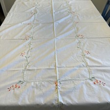 Vintage Floral Linen Embroidered Tablecloth/8 Napkins And Rings 100”x66” picture