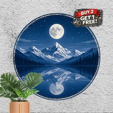 Minimalist Snowy Peaks Moonlit Lake Round Metal Sign 8x8 Mountain Tin Plaque picture