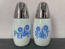 2 Blue Cornflower SALT & PEPPER SHAKERS Milk Glass VINTAGE Gemco Westinghouse picture