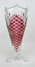 Pressed Glass Vase Clear & Red Flash Accent 3 Footed 7